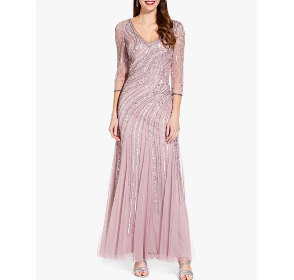 Adrianna Papell Beaded Tulle Maxi Dress 14 Dusted Petal Pink Formal Gown 3/4 Slv